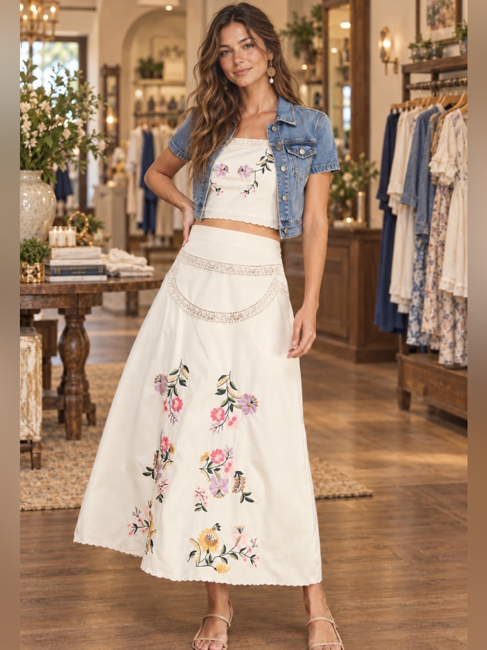 Strut & Bolt Cream Floral Embroidered 2pc top Skirt set NWT